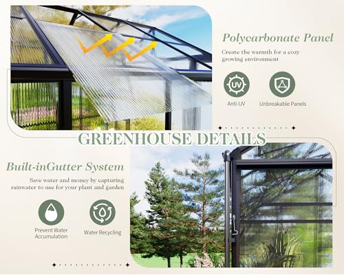 8x10x7.5 FT Greenhouse - Outdoor Aluminum Polycarbonate Greenhouse with Ventilation and Rain Gutter, Double Doors with Hook, Walk in Greenhouse for Outdoors, Backyard, Garden (Black)