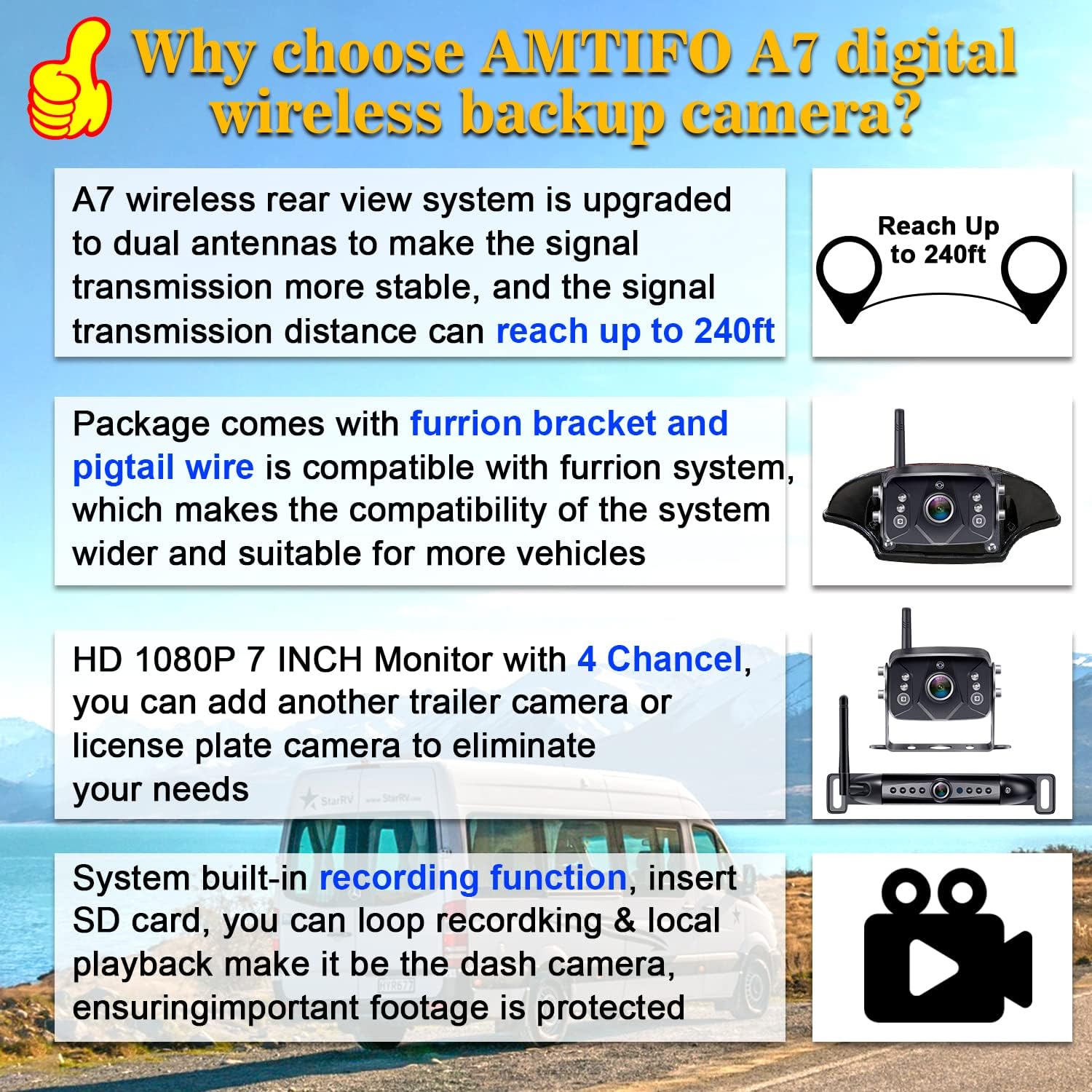 AMTIFO Wireless Backup Camera RV HD 1080P Trailer Bluetooth Rear View Cam System Touch Key 7'' DVR Monitor Split Screen 4 Channels for Truck Camper Adapter for Furrion Pre-Wired RVs A7
