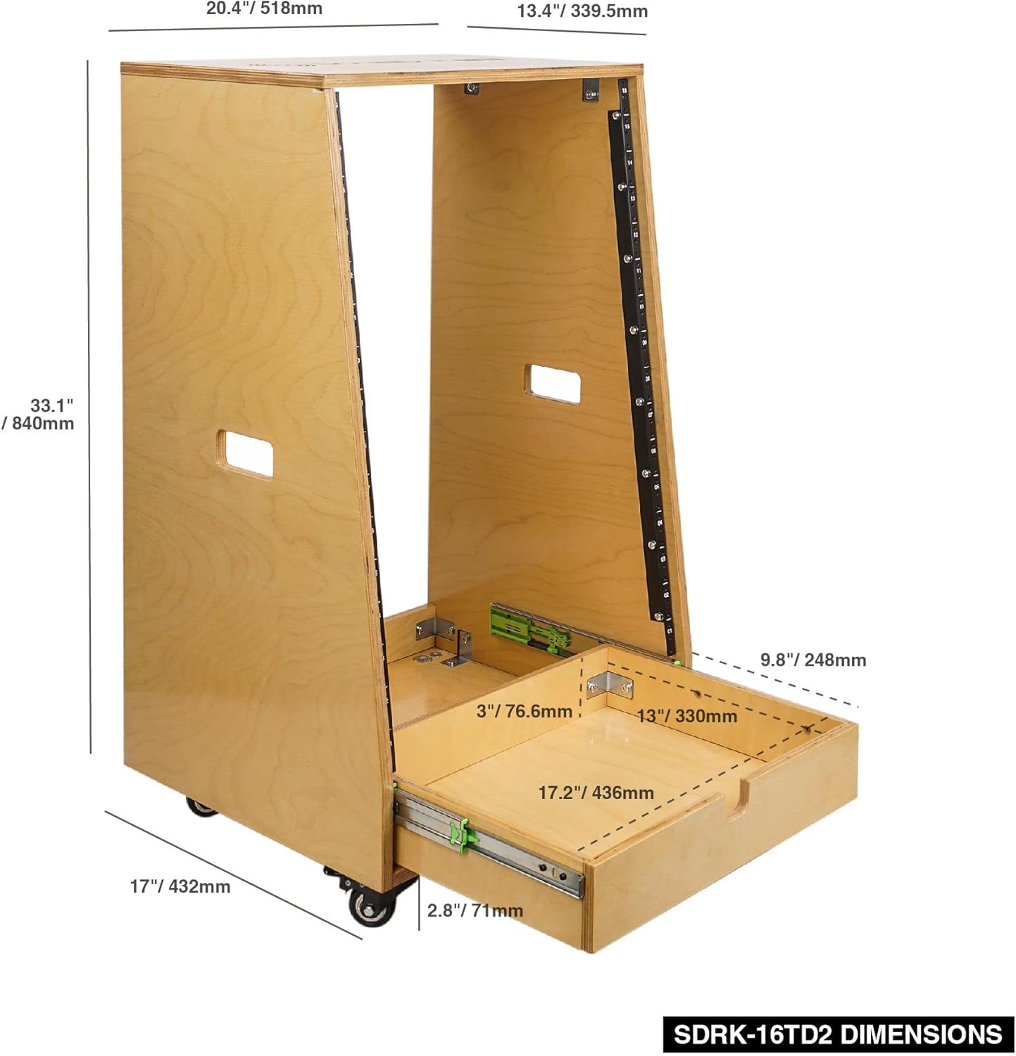 Sound Town 12U DIY Slanted Studio Rack with 12U Rack Space, Extra 2U Drawer, Plywood, Rubber Feet, Casters, Weathered Gray (SDRK-12TBD2)