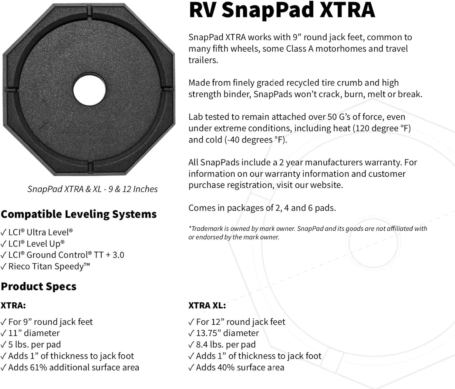 SnapPad Xtra XL Permanently Attached RV Leveling Jack Pad for 12 inch Round Landing Feet (XL 4-Pack)