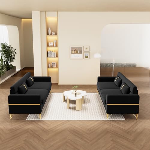 83'' Velvet Sofa, Chesterfield Velvet Upholstered Modern Love seat, with 2 Lumbar Pillows and Round Gold Plated Feet Cream Sofa 3 Seat Living Room Apartment Large Sofa (Khaki)