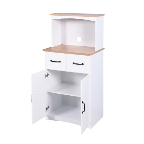 Tall Kitchen Pantry, Wooden Kitchen Cabinet White Pantry Room Storage Microwave Cabinet with Framed Glass Doors and Drawer, Buffet Cabinet Coffee Bar Cabinet for Dining Room Living Room