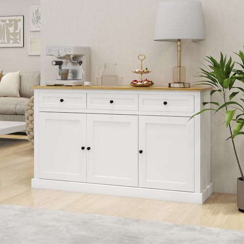 Buffet Cabinet Storage Sideboard Farmhouse Server Bar Wine Cabinet with 3 Drawers & 3 Doors Adjustable Shelves for Dining Living Room White
