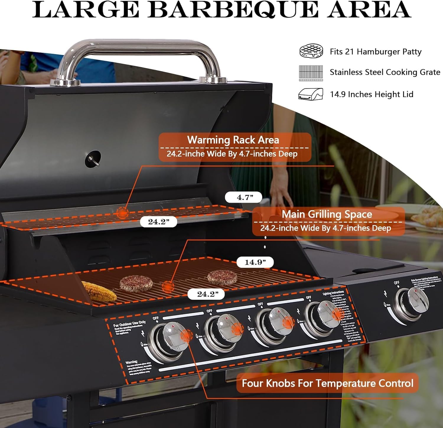 MAGIC UNION 4-Burner Propane Gas BBQ Grills with Side Burner, Cast Iron 50,000 BTU Patio Barbecue Grill with Stainless Steel Grates for Outdoor Cooking, Backyard, Garden