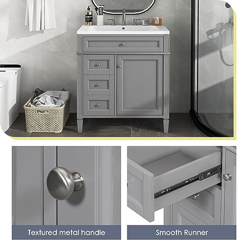 30inch Bathroom Vanity with Sink,Freestanding Bathroom Cabinet with 2 Drawers and a Tip-Out Drawer,Single Sink,Easy Assmebly,Vanity Sinks for Bathrooms with Small Spaces(White)