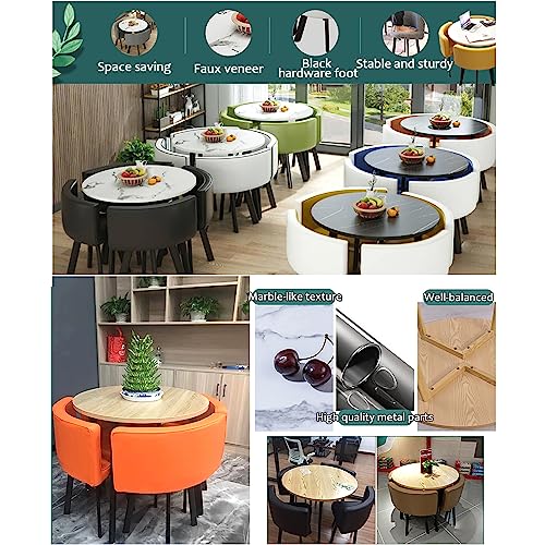 Marble Texture Round Dining Table Set Space Saving Round Dining Table Set 4 Seater Coffee Table Round Table for Dining Room and Kitchen with Recessed Rest, 8, Puleatherfabric