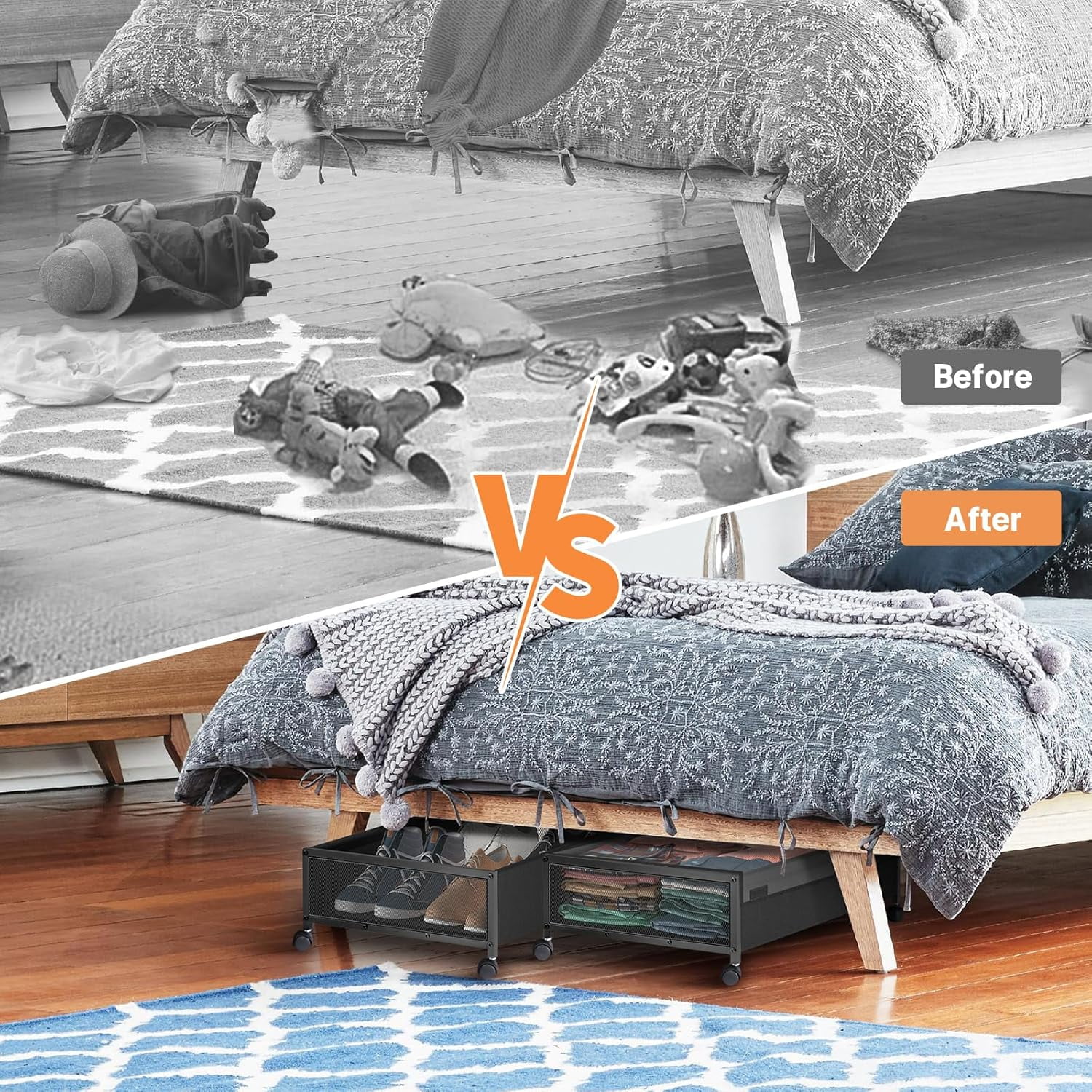 2-Pack Under Bed Storage with Wheels - Rolling Underbed Organizer Containers Drawer Bins with Lid for Clothes, Shoes, Toys, Books, Blankets