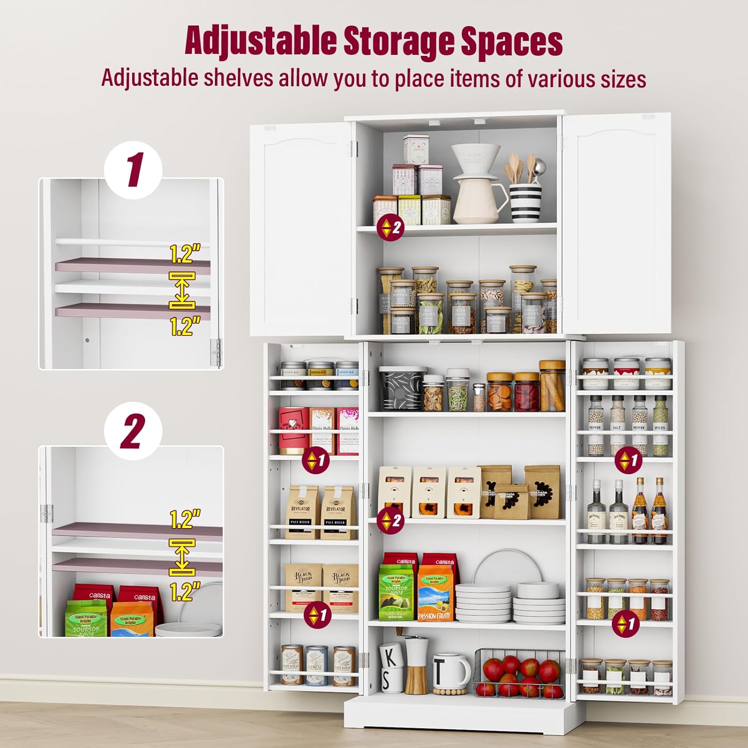 HOME BI 64" Kitchen Pantry Cabinet, Tall Freestanding Pantry Storage Cabinet, Food Pantry Cabinets with Doors and Shelves for Home Kitchen, Dining Room, Living Room, White