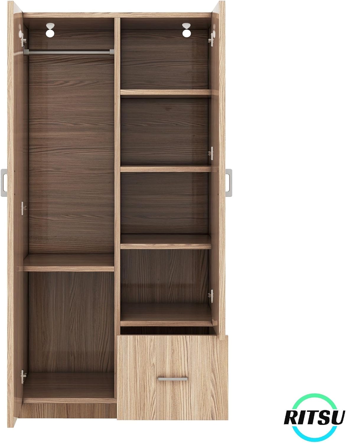 RITSU Armoire Wardrobe 2 Doors, Freestanding Clothes Cabinet w/ 1 Drawer, 5 Open Shelves and Hanging Rod, Versatile Wooden Storage Closets Organization for Bedroom, Natural, 31.5 Inch
