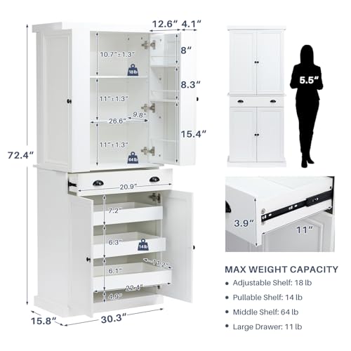 HollyHOME 72" Kitchen Pantry Cabinet, Storage Cabinet with 4 Doors and 1 Drawer, Freestanding Cupboard with Adjustable Shelves and 6 Door Shelves for Kitchen, Dining Room, Living Room, White