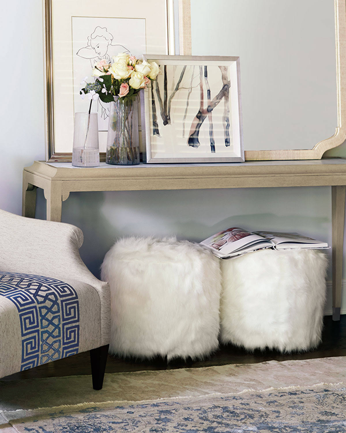 Bernhardt Pisa Faux Fur Ottoman, Ivory, Living Room Seating Ottomans u0026 Stools