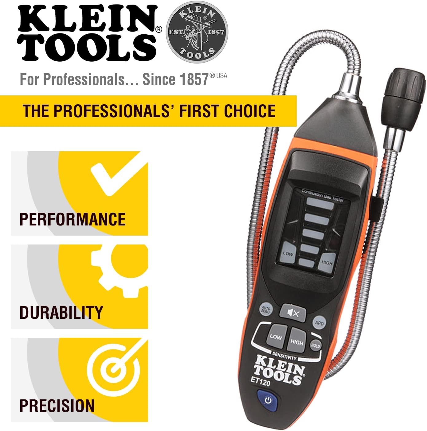 Klein Tools ET120 Gas Leak Detector, Combustible Gas Leak Tester with 18-Inch Gooseneck Has Range 50 - 10,000 ppm, Includes Pouch, Batteries