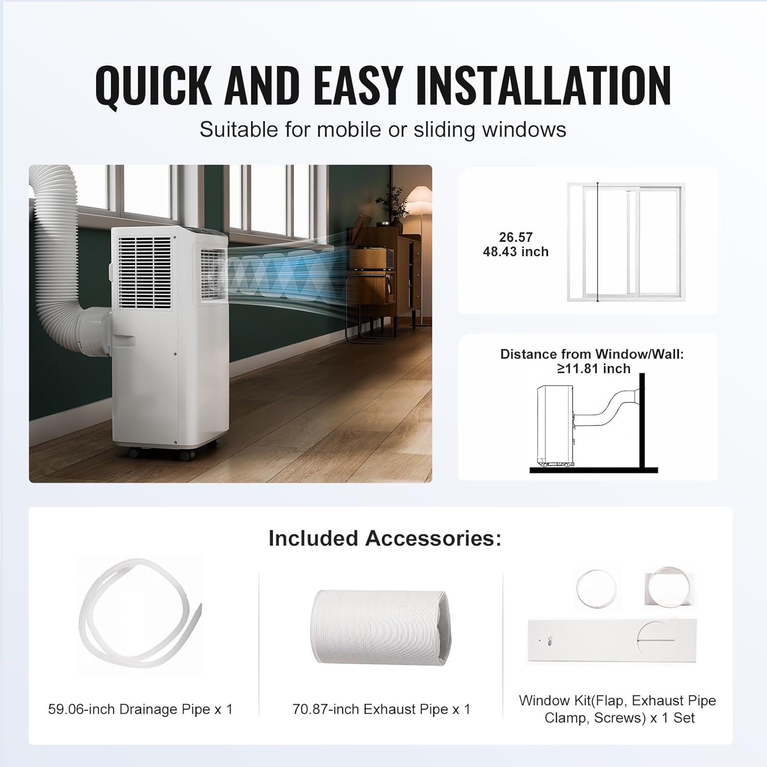 VEVOR 8,000 BTU Portable Air Conditioners - Cool to 350 Sq.Ft with Remote Control, 3-in-1 Portable AC Unit with Dehumidifier, Fan Modes for Bedroom, Office with Timer and Installation Kits, White