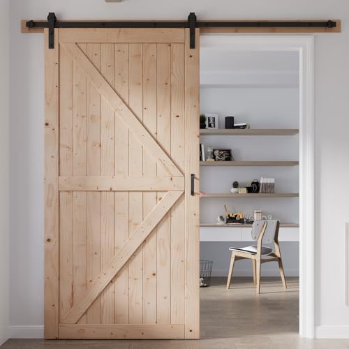 FREDBECK 48in x 80in Sliding Wood Barn Door with 8FT Barn Door Hardware Kit Included K Shape Solid Spruce Panel Sliding Door Double Surfaces Need to Assembly