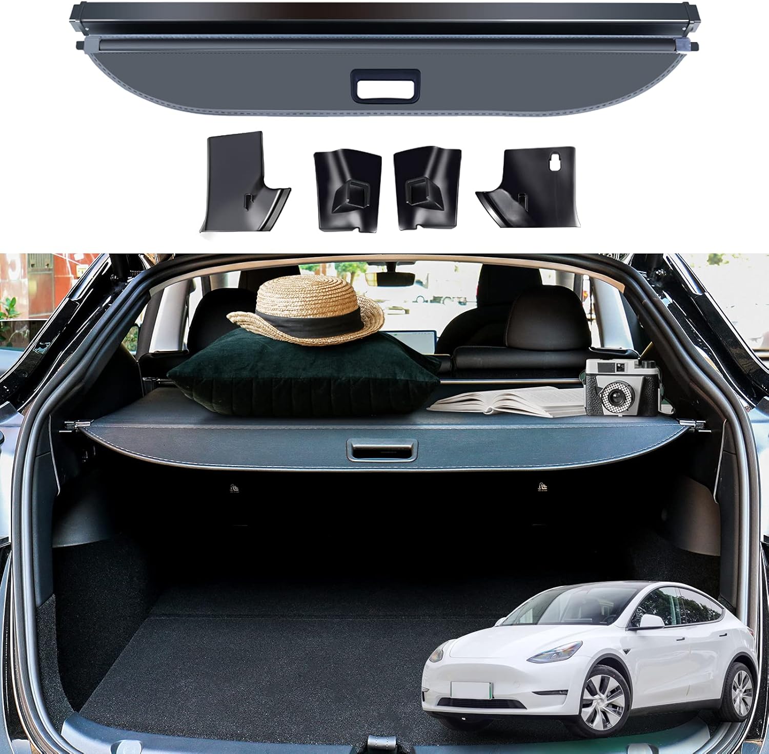 Carwiner Cargo Cover for Tesla Model Y Retractable Rear Trunk Parcel Shelf Security Cover Shielding Shade Accessories Pack of 2