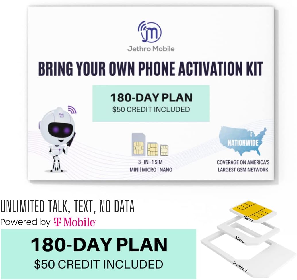 Jethro Mobile $50 Phone Plan for 180 Days - Unlimited Talk and Text and No Data, Perfect for Senior Cell Phones, (SIM Card Kit Included)