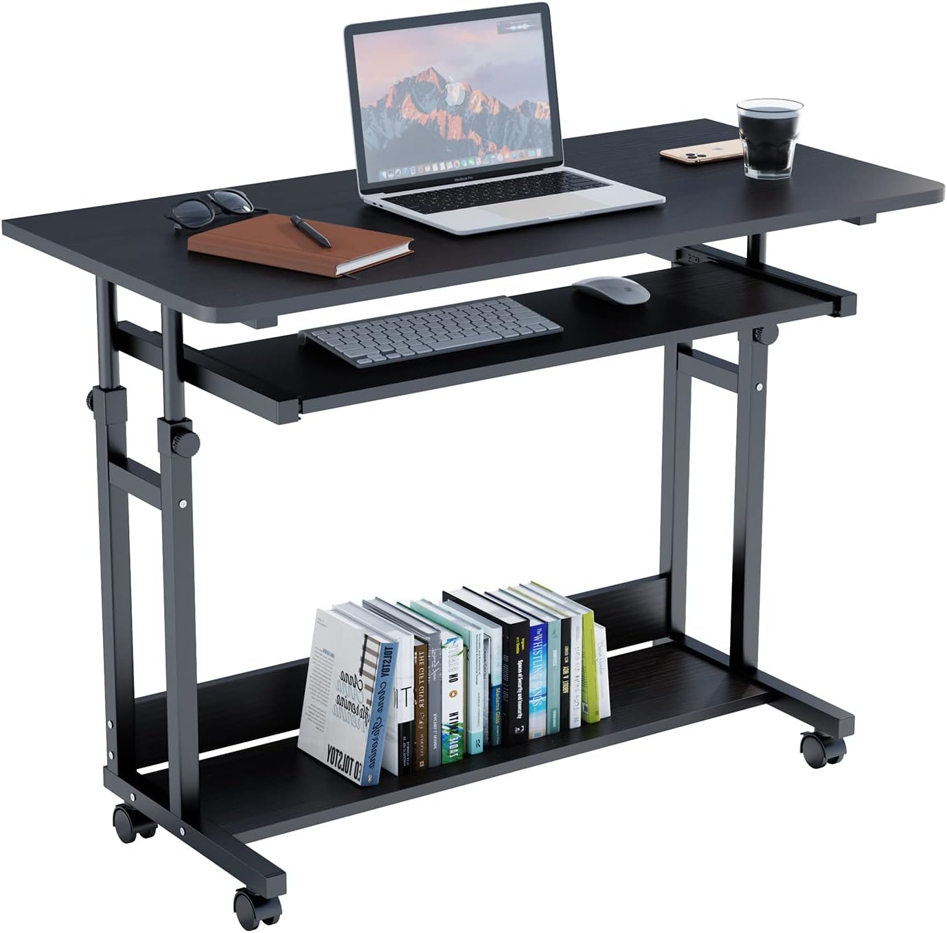 Dripex Rolling Desk - 31.5” Adjustable Computer Desk Home Office Computer Workstation Mobile Writing Table Laptop Cart with Locking Wheels Keyboard Tray, Black