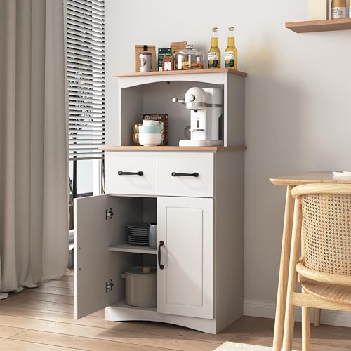 Tall Kitchen Pantry, Wooden Kitchen Cabinet White Pantry Room Storage Microwave Cabinet with Framed Glass Doors and Drawer, Buffet Cabinet Coffee Bar Cabinet for Dining Room Living Room