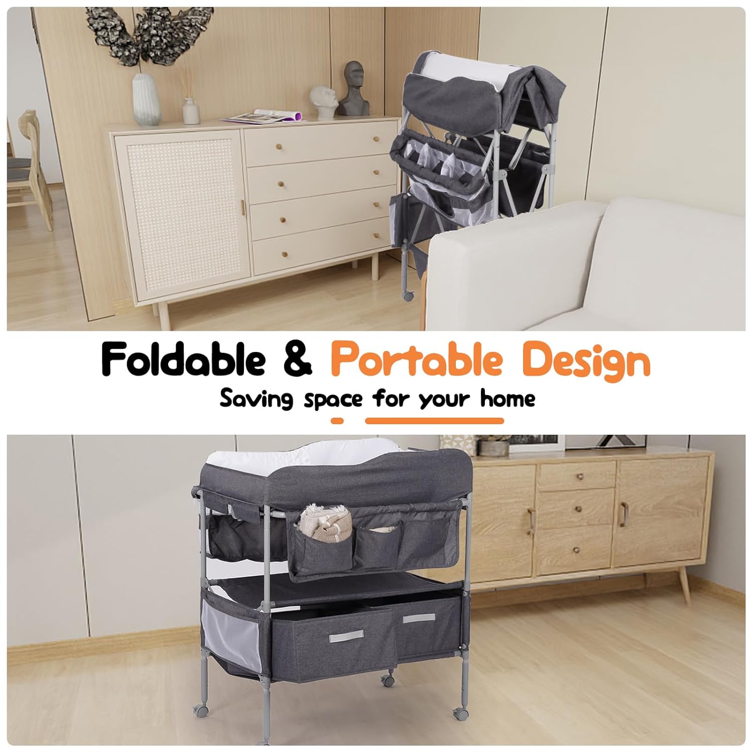 Baby Changing Table, Portable Changing Table with 2 Storage Baskets, Adjustable Heights, Foldable Changing Table Dresser with Soft Waterproof Changing Station for Newborns & Infant
