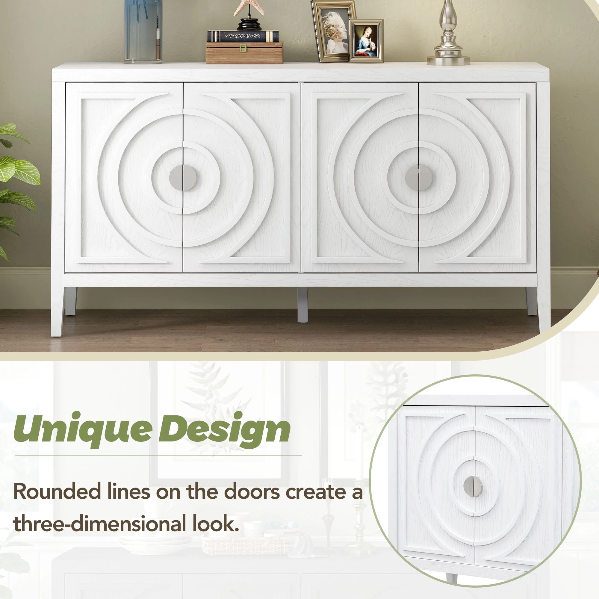 Accent Cabinet with 4 Doors, Wooden Buffet Sideboard with Adjustable Shelves, Modern Console Table, Storage Accent Cabinet for Kitchen Living Room Entryway Hallway, 60"L x 15.9"W x 32.1"H, White