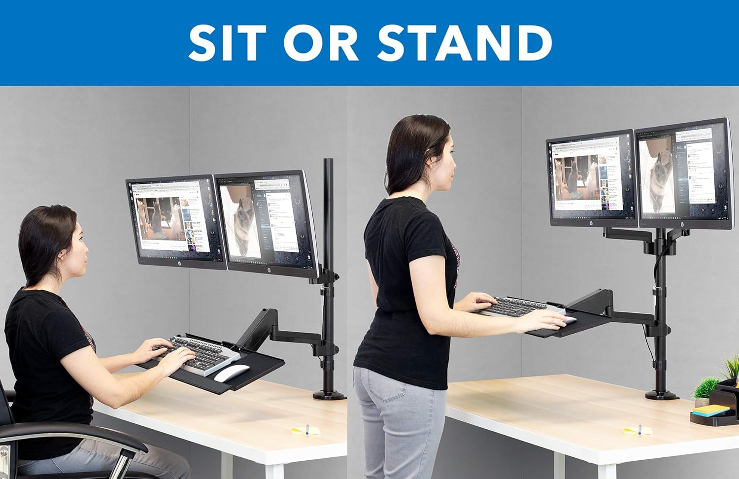 MOUNT-IT! Dual Monitor Sit Stand Workstation [2 Screens up to 32" Each] Height Adjustable and Quick Release Screen Mount, Standing Desk with Keyboard Tray, (Black)