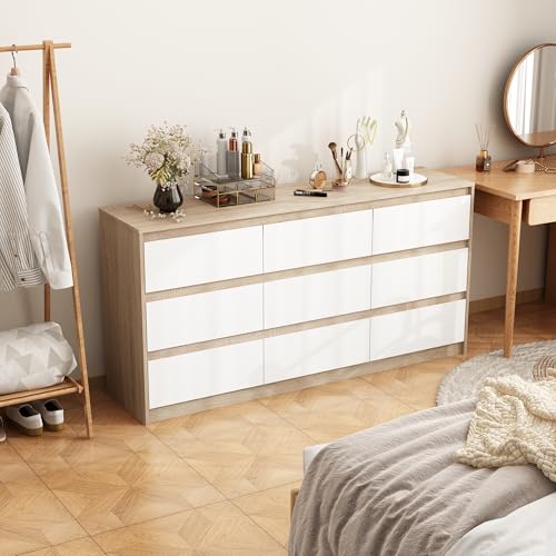 Hitow 9 Drawer Dresser for Bedroom with Deep Drawers, Large Floor Wood Dressers & Chest of Drawers Handle Free, Modern Black Long Dressers for Closet Living Room, Euro Slide (63"W x 15.7"D x 31.5"H)