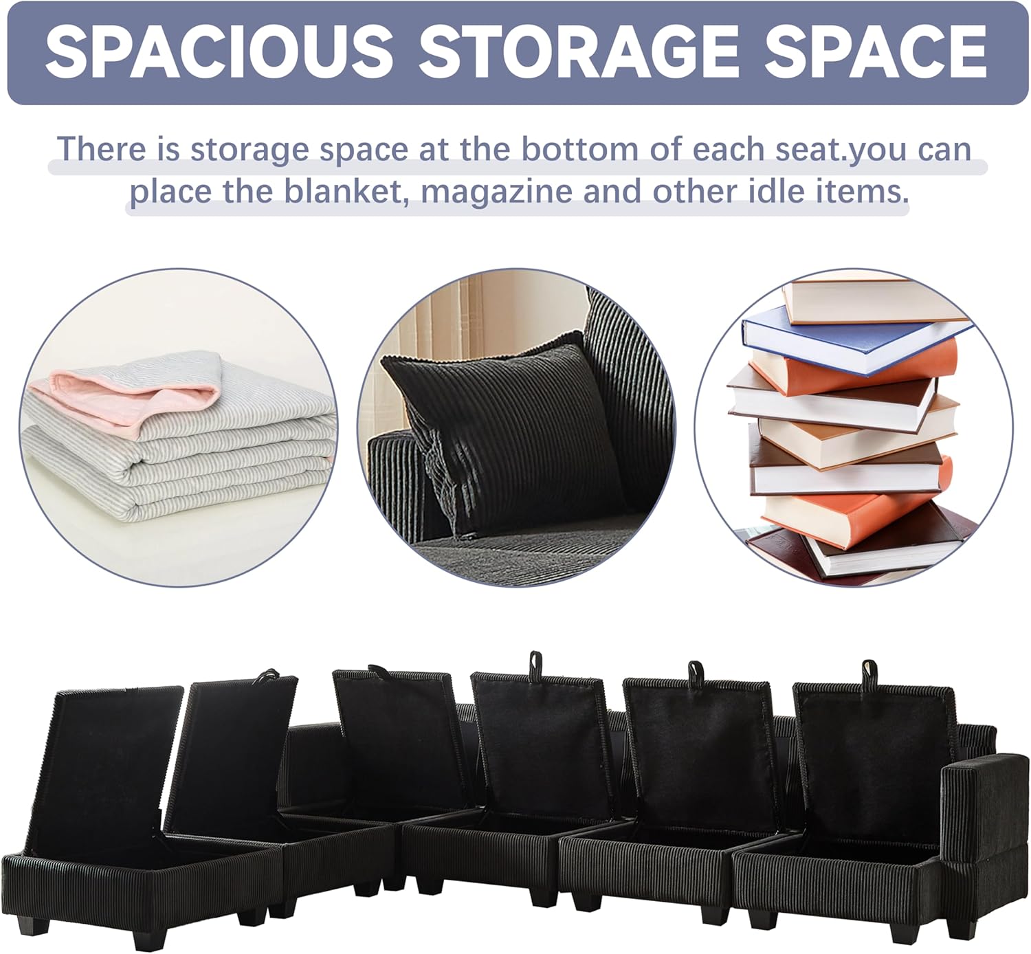 JUSTONE 113.5'' Modular Sectional Sofa with Storage, U Shaped Convertable Sectional Couch with Wide Chaise, Deep Seat Modular Sectional Sofa with Ottoman, Corduroy,Black