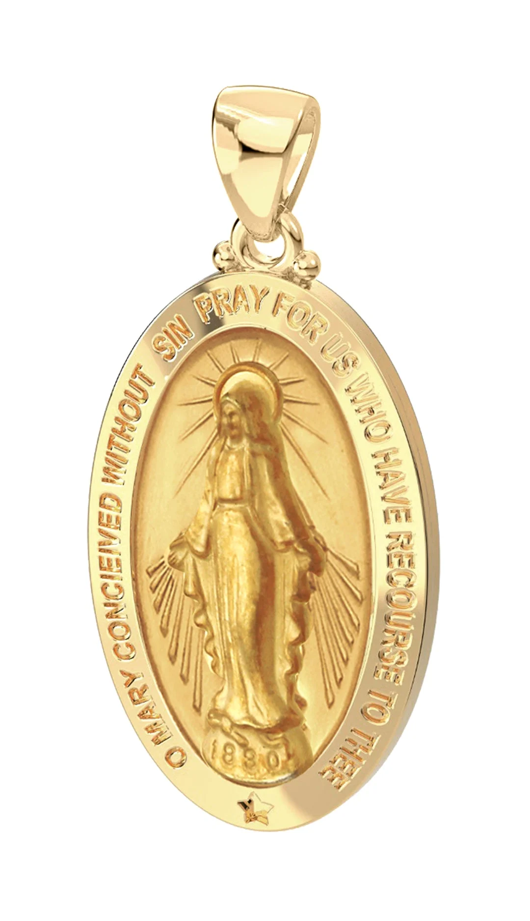 Ladies 14K Yellow Gold Miraculous Virgin Mary Hollow Oval Polished Pendant Necklace, 26mm