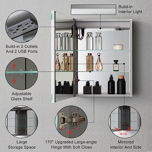 Lighted Medicine Cabinet with Mirror Electrical Outlet,20 X 26 Led Medicine Cabinet Mirror for Bathroom,Internal Light,Recessed Or Surface Wall Mounted, Defogger, Dimmer,Large Angle Hinge