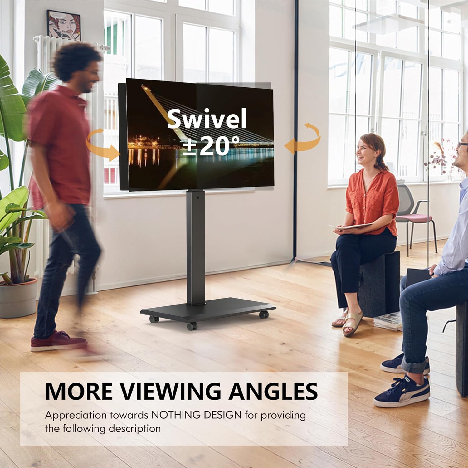 FITUEYES Mobile Stand for 40-85 Inch LCD/LED Flat Curved Screens with Wooden Large Storage and Black Height Adjustable Rolling TV Stand Hold Up to 88 Lbs，Landscape to Portrait Rotating and 40°Swivel