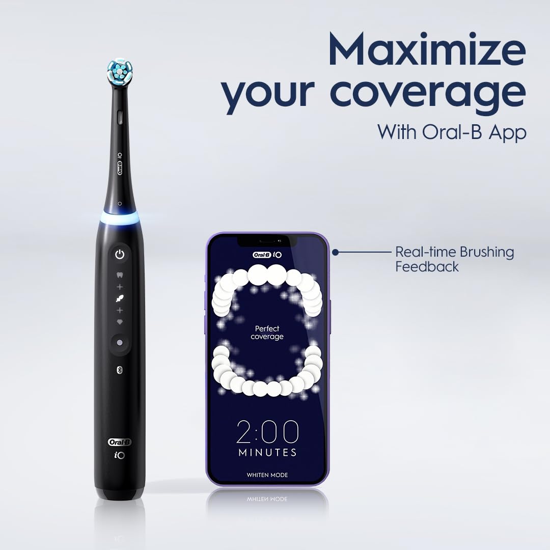 Oral-B iO Series 5 Rechargeable Electric Toothbrush with Visible Pressure Sensor to Protect Gums, 2 Minute Timer, 5 Cleaning Settings, 1 Replacement Toothbrush Heads, and Travel Case, White