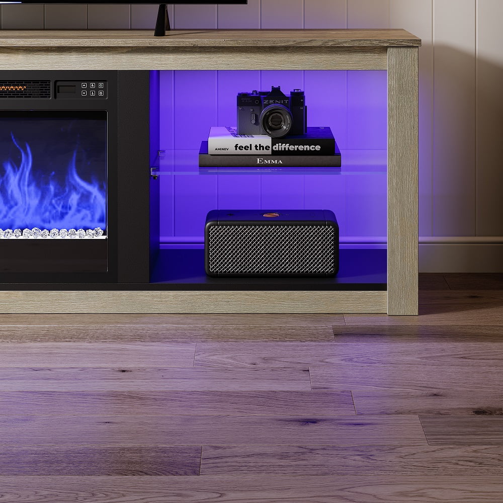 Bestier Modern Electric Fireplace TV Stand for TVs up to 75" with LED Light in Wash White+Grey