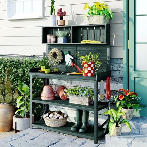 Outdoor Wooden Potting Bench Table – Farmhouse Garden Workstation with Drawers, Cabinet & Storage Shelves, Large Fir Wood Work Table for Patio, Backyard, Mudroom, Greenhouse (Light Brown, 66''H)