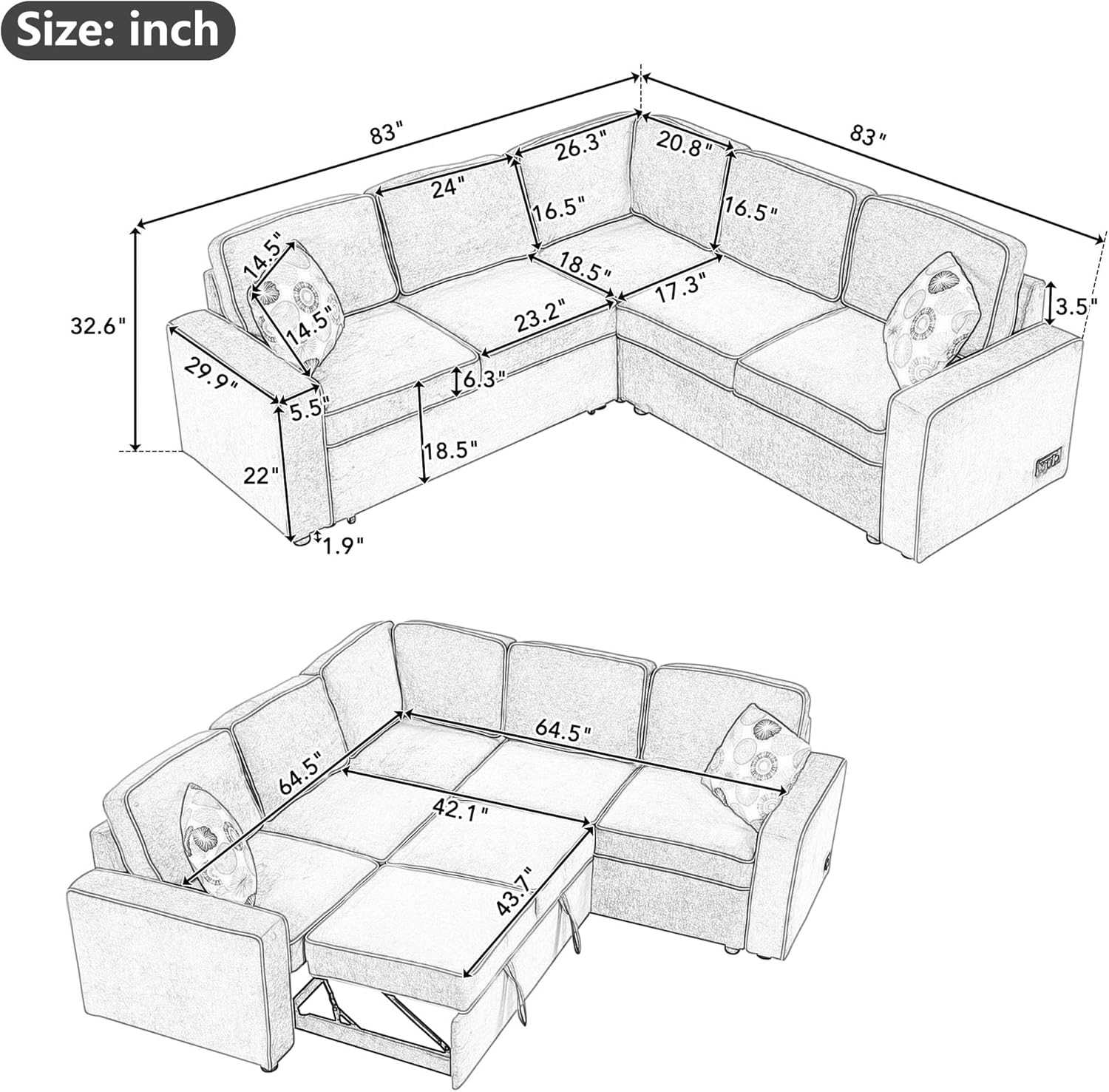 Modern Convertible Sleeper Sofa Linen 5 Person Large L-Shape Sectional Couch with Multi-Functional Pull Out Bed, 2 USB Ports, 2 Power Sockets and 3 Pillows for Living Room, Bedroom, Office