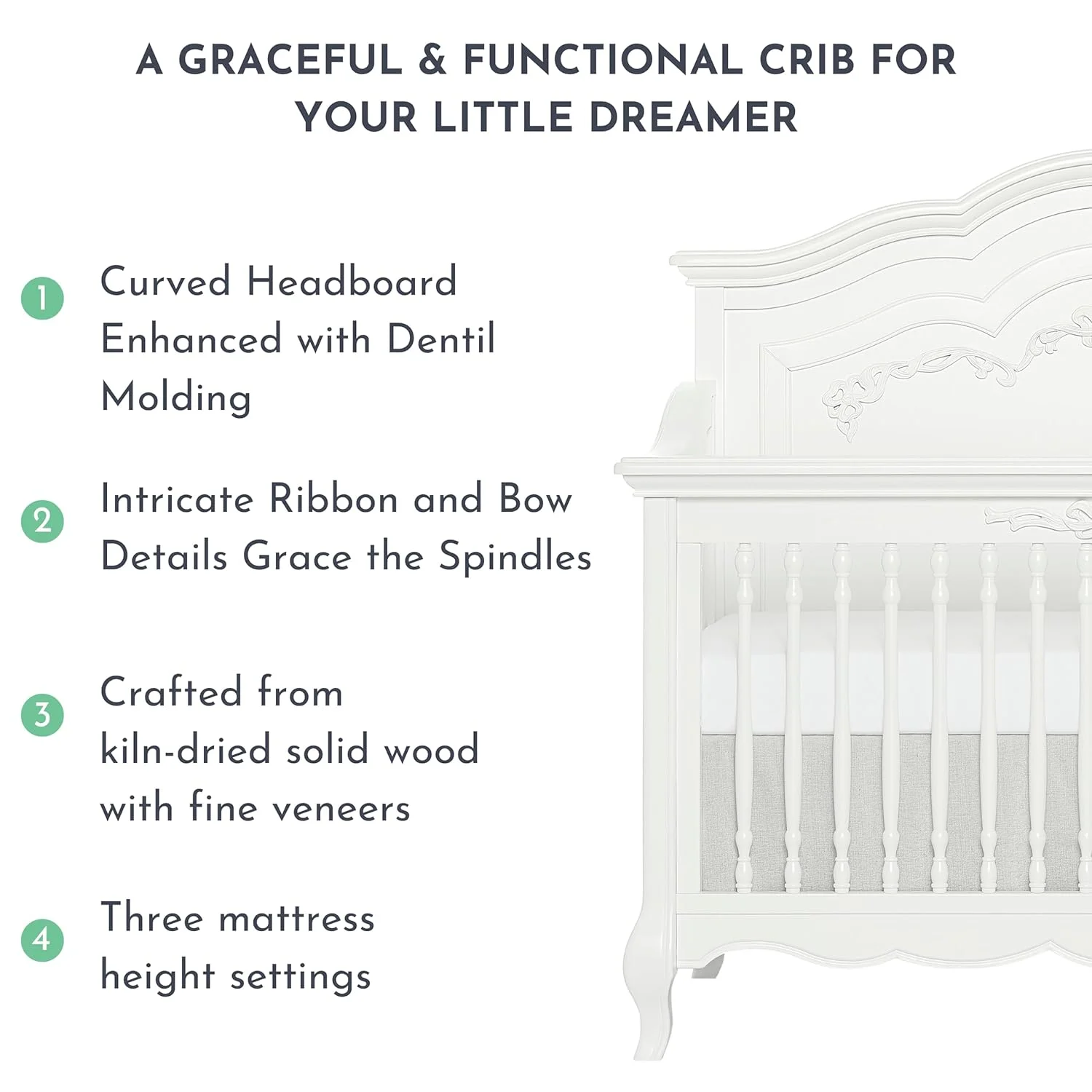 Evolur Aurora 5-in-1 Convertible Crib in Frost, Greenguard Gold Certified, Features 3 Mattress Height Settings, Sturdy and Spacious Baby Crib, Wooden Furniture