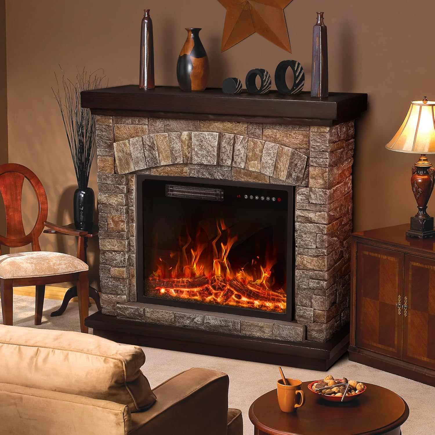 PUKAMI Electric Fireplace with Mantel, 36 inch Freestanding Stone Fireplace Heater TV Stand with Remote Control, Realistic Flame Effect and 3D Log, 750W/1500W