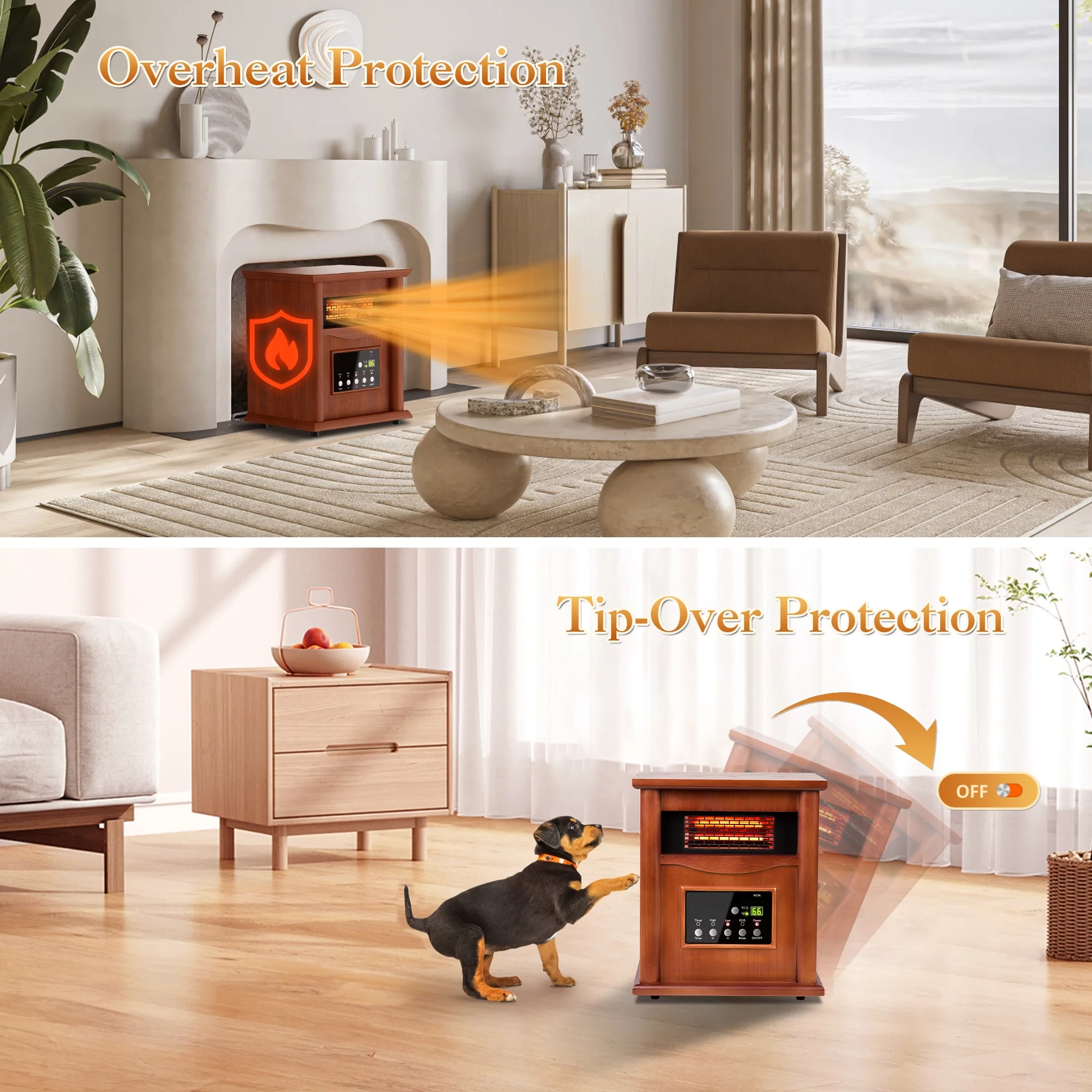 LifePlus 1500W Electric Infrared Quartz Space Heater for Indoor Use w/ LED Digital Screen, Remote Control, 12H Timer