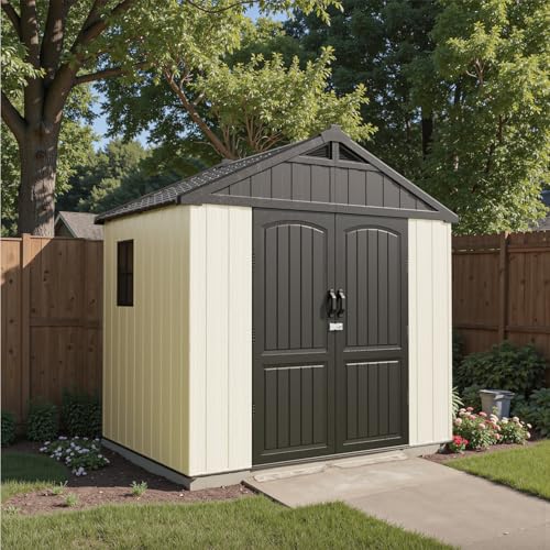 Patiowell 8 x 12 FT Plastic Outdoor Storage Shed with Floor, Resin Shed with Window and Lockable Door for Garden, Backyard, Tool Storage Use, Easy to Install in Beige (Kick-it Shed)
