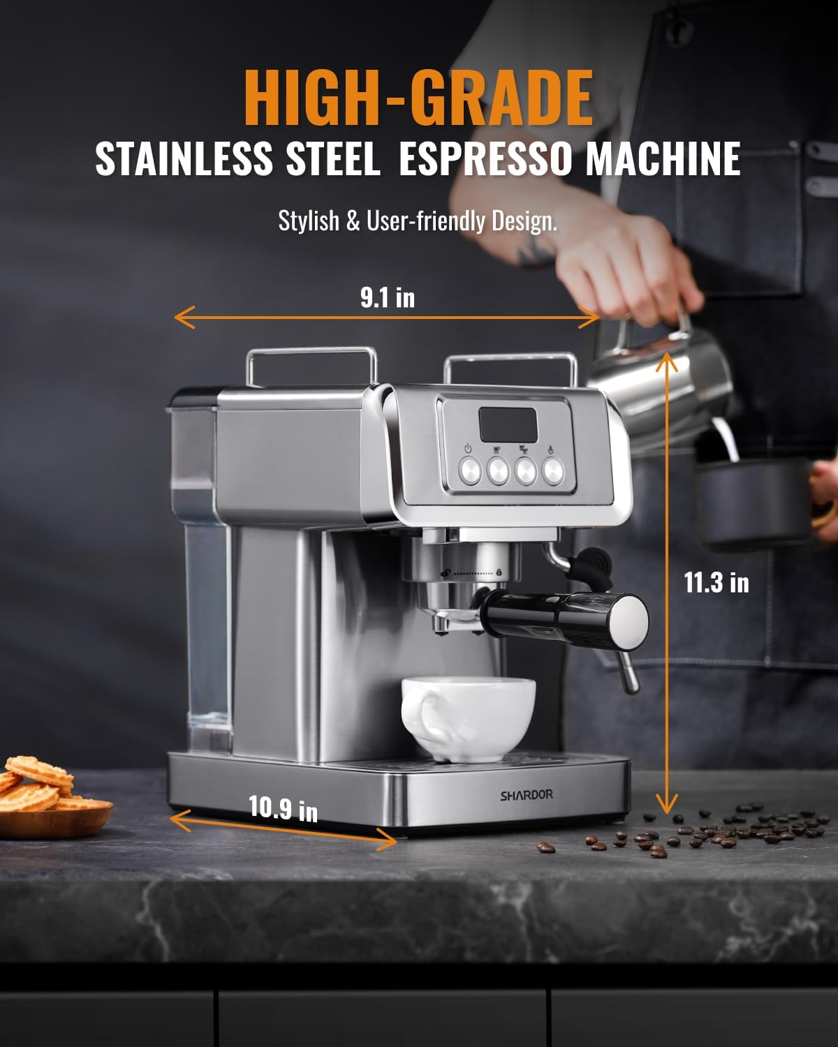 SHARDOR Espresso Machine 20 Bar, Stainless Steel Manual Latte & Cappuccino Maker with Milk Frother Steam Wand for Home, Temperature Display, 60 Oz Water Tank, 1350W