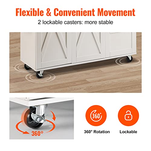 VEVOR Kitchen Island Cart with Solid Wood Top, 35.4" Width Mobile Carts with Storage Cabinet, Rolling Kitchen Table with Spice Rack, Towel Rack, and Drawer, Portable Islands on Wheels, White