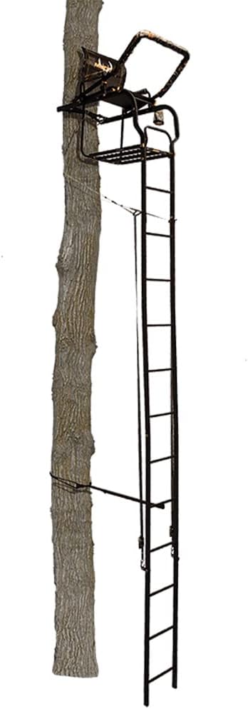 Muddy Odyssey XTL Ladder Stand - 20' Height Durable Steel Outdoor Hunting Silencer Technology Tree Stand with Padded Flip-Back Shooting Rest & Armrests, 350 Pound Maximum Capacity
