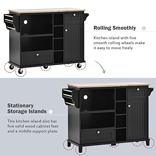 Kitchen Island Cart with Wood Top, Rolling Mobile Kitchen Island Buffet Server Sideboard with 2 Drawers, Storage Cabinet, Open Shelves, Spice Rack & Towel Rack, White