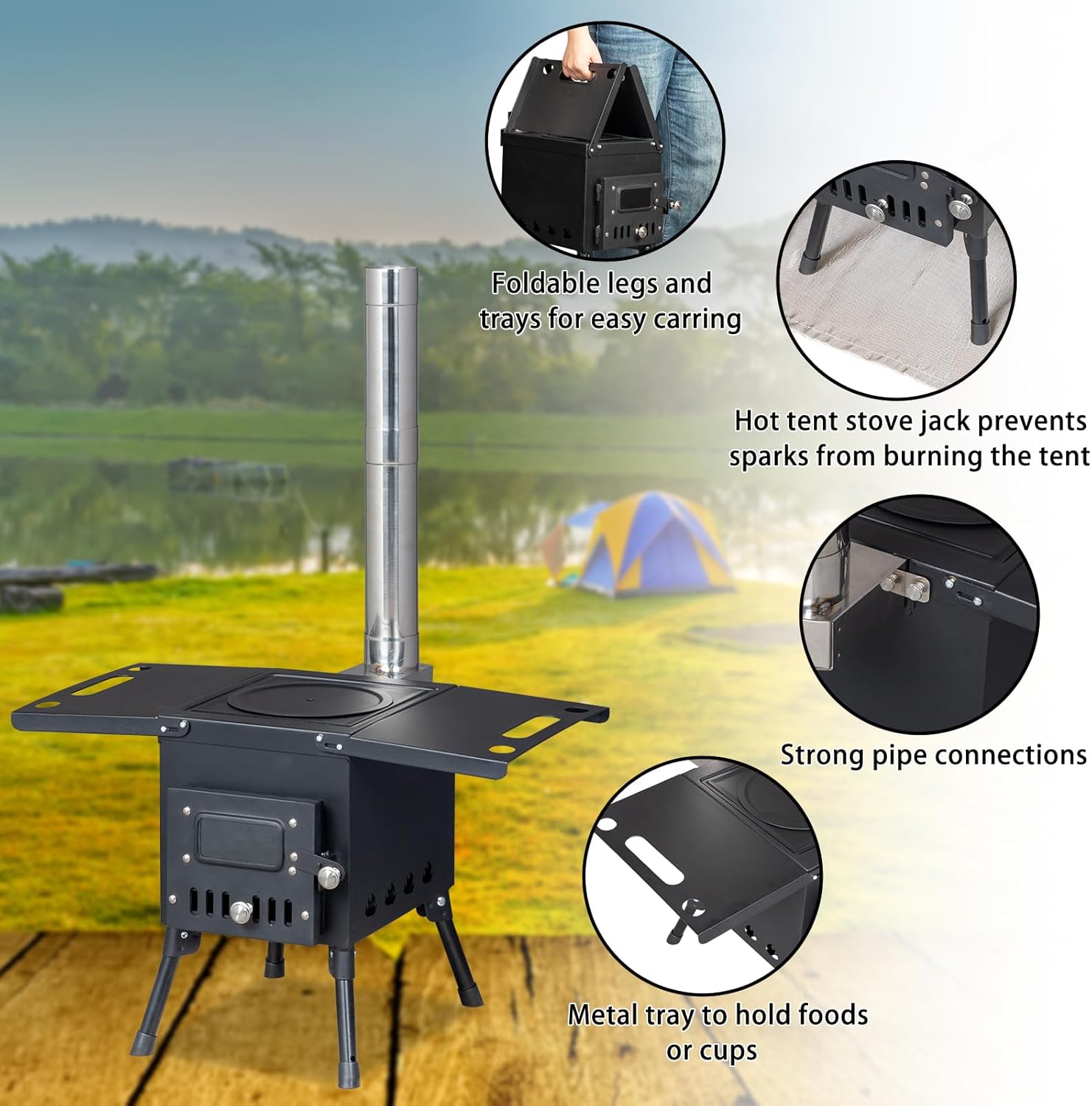 Camping Wood Stove, Outdoor Portable Tent Wood Burning Stove with Stainless Chimney Pipes, Tent Stove Jack & Gloves for Outdoor Camping Cooking and Heating