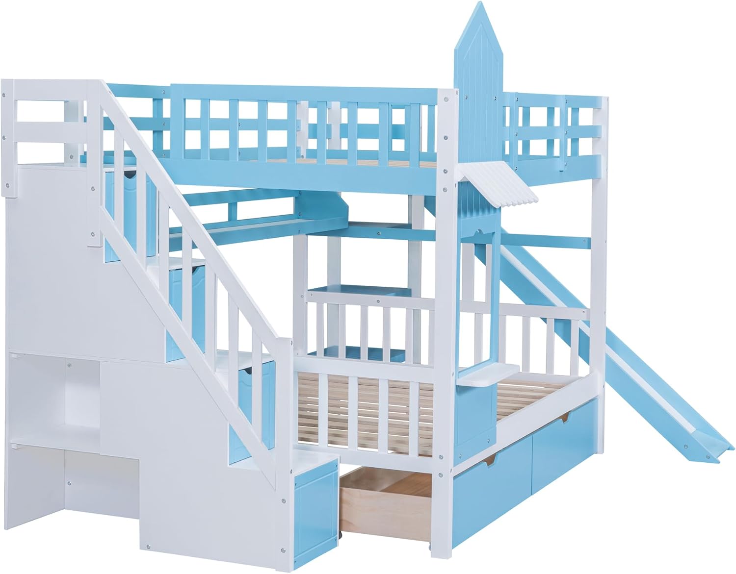 Harper & Bright Designs Full Over Full Bunk Bed with Stairs and Slide, Solid Wood Bunk Bed Frame with Storage Drawers and Bookshelf, for Kids Teens Girls Boys (Blue)