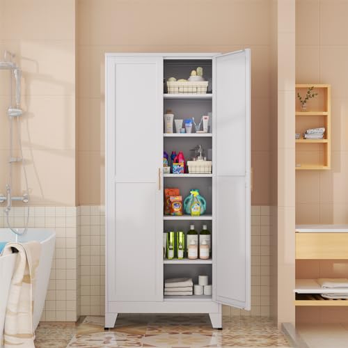 75.2”H Pantry Storage Cabinet, Kitchen Storage Cabinets with Adjustable Feet and Shelves, Metal Pantry Cabinet for Kitchen, Living Room, Laundry Room and Dinning Room