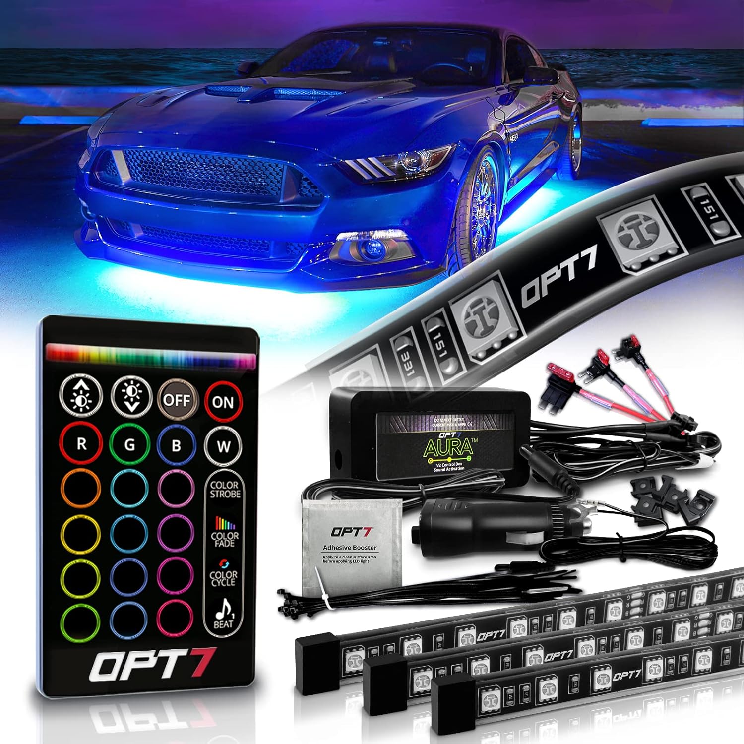OPT7 Aura Underglow Flexible Lighting Kit for Cars Trucks RV w/Wireless Remote, Exterior Underbody Neon LED Light Strips, Multi-Color, mode, Smart LED, Waterproof, Soundsync, 2 x 48 inch + 2 x 36 inch