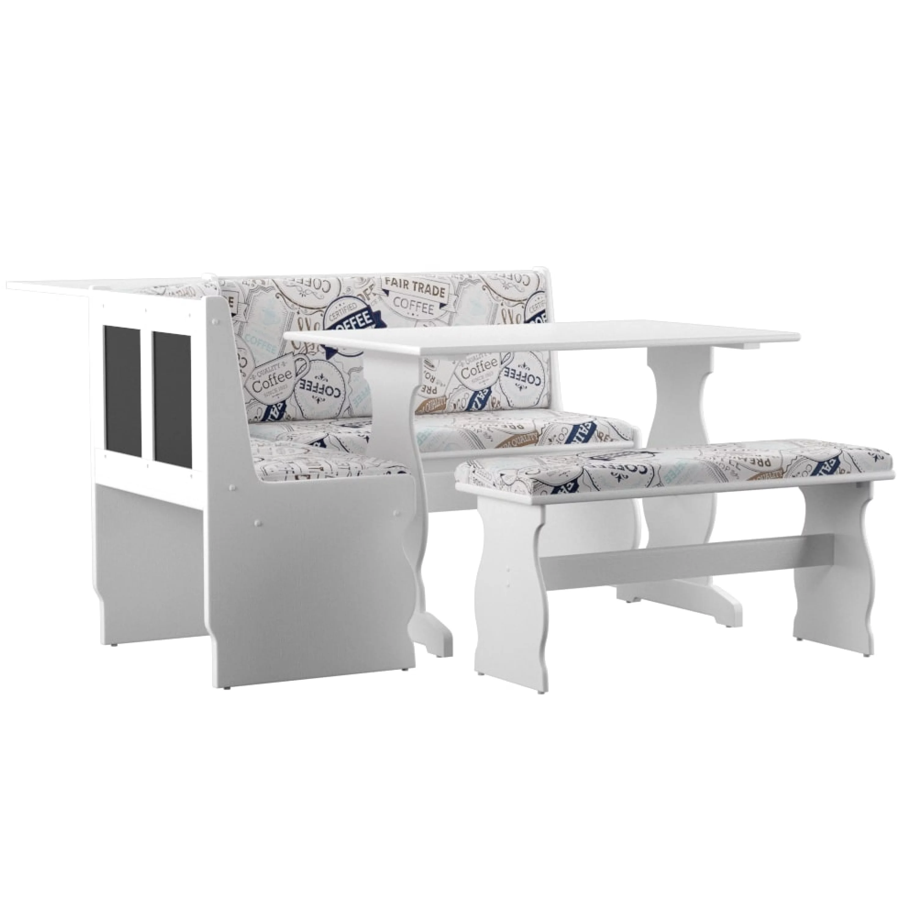 Linon Sasha Casual Dining Breakfast Nook with Corner Unit, Table, and Bench, 29.4" Table Height, Seats 5, White Finish with Coffee Patterned Fabric