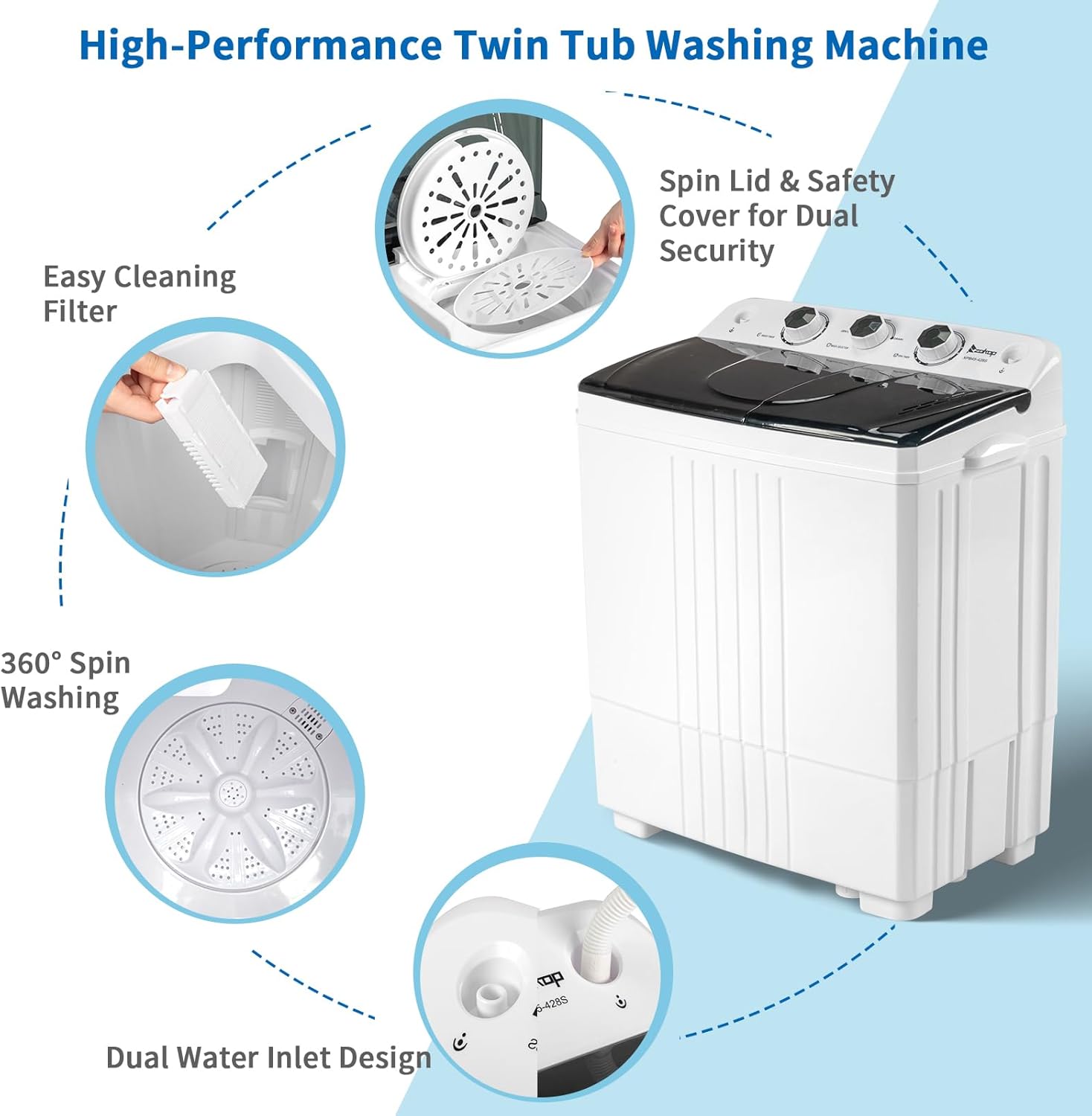 Portable Mini Compact Twin Tub Washing Machine,Washer Spinner Portable Washing Machine, automatic Twin Tube Washing Machine for Apartment, Dorms, RVs, Camping and More, White&Black US Standard