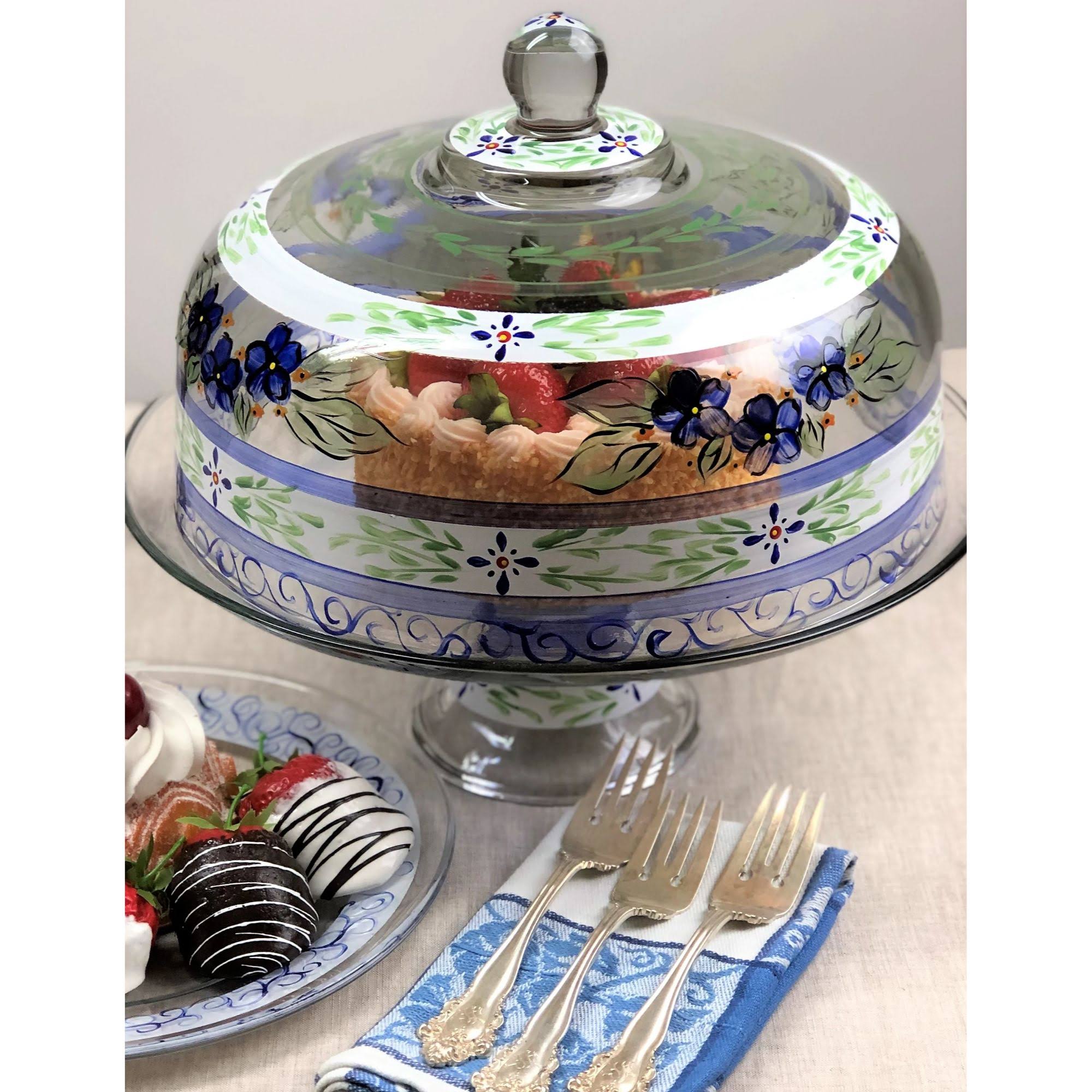 Blue Floral Hand Painted Glass Large Convertible Cake Dome 11x22