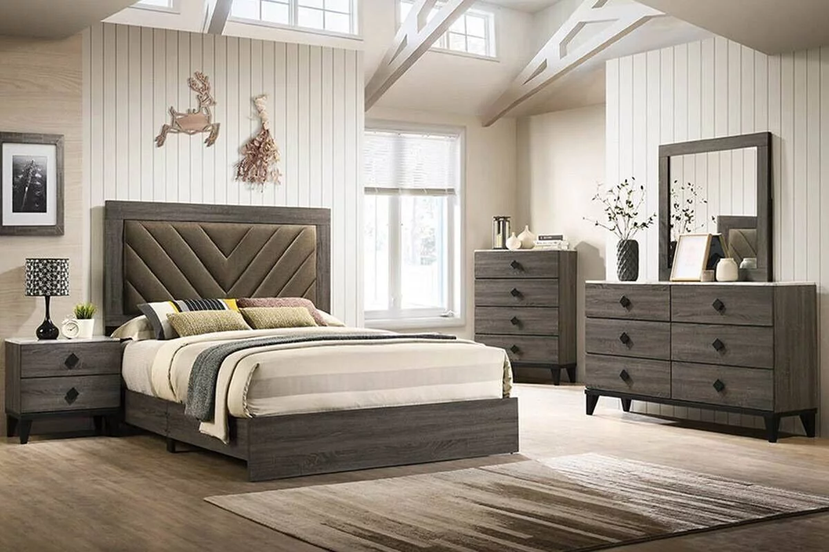 Queen Size Bed And 2x Nightstands Gray Finish Transitional Style Wooden Bedroom Tufted Headboard Bedframe 3pc Furniture Set